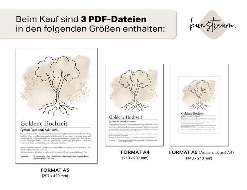 K&ouml;nnte beinhalten: Drei digitale Kunstdrucke mit einem minimalistischen Baumdesign und dem deutschen Text "Goldene Hochzeit" (Goldene Hochzeit). Die Drucke sind in den Gr&ouml;&szlig;en A3 (29,7 x 42 cm), A4 (21 x 29,7 cm) und A5 (14,8 x 21 cm) erh&auml;ltlich.