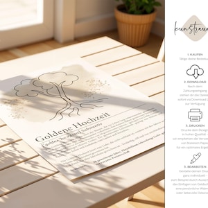 K&ouml;nnte beinhalten: Ein Druck mit dem Text "Goldene Hochzeit" und einer Baumillustration. Der Druck befindet sich auf einer hellen Oberfl&auml;che, mit Text und Illustration in Schwarz. Der Druck enth&auml;lt auch Anweisungen und ein Logo.