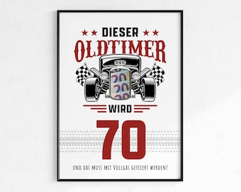 Cash gift for 70th birthday | Vintage car birthday gift | Creative gift idea instant download PDF | Poster round birthday