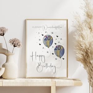 K&ouml;nnte beinhalten: Eine wei&szlig;e Karte mit schwarzem Text, der "KLEINER Wunscherraller. Happy Birthday." lautet. Zwei Zwanzigeuro-Scheine befinden sich in zwei auf die Karte gezeichneten Ballons.