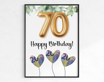 Cash gift for a 70th birthday | Wish-fulfilling birthday gift | Creative gift idea, instant PDF download | Round birthday poster
