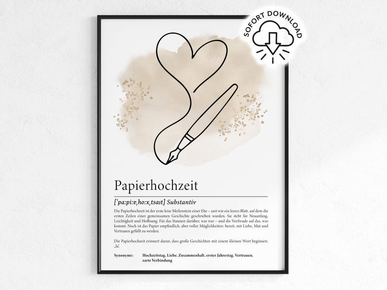K&ouml;nnte beinhalten: Gerahmter Kunstdruck mit einer Herz- und Stift-Illustration, begleitet vom deutschen Begriff "Papierhochzeit" und seiner Definition. Der Hintergrund zeigt eine beige Aquarellwaschung mit Goldflecken. Ein Download-Symbol befindet sich oben rechts.