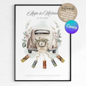 Pode incluir: Um convite de casamento imprimível com uma ilustração em aquarela de um carro antigo decorado com flores e fitas. O texto "Anja & Michael" e "12. Juli 2025" está impresso no convite.