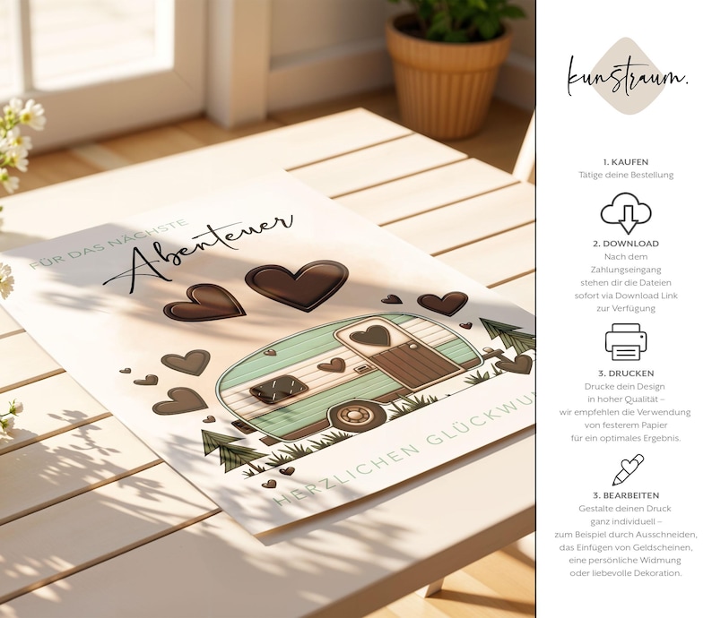 May include: A printed card featuring a teal and brown camper illustration with heart accents. The card includes the text "F&uuml;r das n&auml;chste Abenteuer" and "Herzlichen Gl&uuml;ckwunsch". The card is on a light-colored wooden surface.