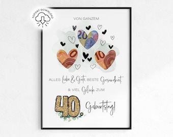 Cadeau en espèces pour un 40e anniversaire | Cadeau d'anniversaire exauçant un vœu | Idée cadeau originale, téléchargement PDF instantané | Affiche pour un anniversaire marquant