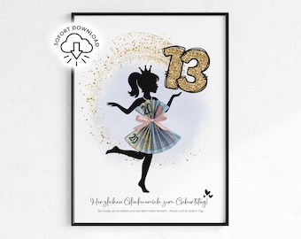 Argent offert pour le 13e anniversaire d'une fille | Carte d'anniversaire | Modèle de robe | Idée cadeau d'anniversaire pour une fille, une petite amie ou une filleule