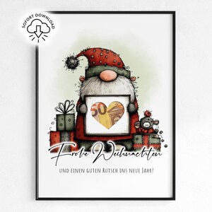 May include: A framed Christmas-themed illustration featuring a gnome holding a sign with a heart-shaped design. The sign displays the number 50. The gnome is surrounded by wrapped gifts and a small stuffed animal. The text "Frohe Weihnachten" is written below.