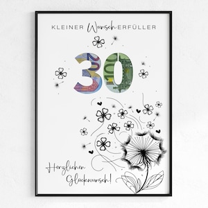 Geldgeschenk voor 30e verjaardag | Wensvervullend verjaardagscadeau | creatief cadeau-idee direct downloaden PDF | Posterronde verjaardag