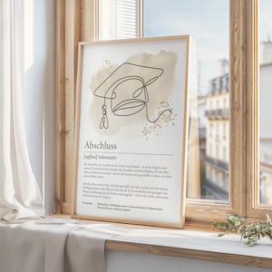 Modernes Poster mit abstrakter Line Art eines Abschlusshuts, kombiniert mit einer liebevollen Definition zum Thema Abschluss. Perfektes Geschenk zum Schulabschluss, Studium, Ausbildung oder Weiterbildung. Ideal als personalisierter Kunstdruck zur Feier eines neuen Lebensabschnitts. Minimalistisches Design in Schwarz-Weiß mit emotionalem Text. Digitaler Sofort-Download für dein Zuhause oder als besondere Geschenkidee für Schüler und Studenten.
