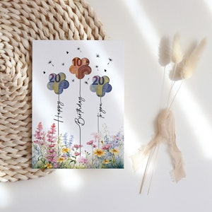 Blumiges Geldgeschenk zum Geburtstag als digitaler Sofort-Download. Drei Ballons  in Blumenform mit Euro-Scheinen hinterlegt steigen über einem bunten Wildblumenfeld in die Luft, begleitet von Pusteblumen und der Aufschrift „Happy Birthday to you“. Ein liebevolles, fröhliches Geburtstagsbild zum Ausdrucken – ideal als DIY-Geschenk in Form eines Bildes oder einer selbstgebastelten Karte für Blumenliebhaber.