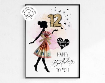 May include: A framed print with a black silhouette of a woman holding a dress made of money. The number 12 in gold glitter is above her head, with the words "Make a wish" and "Happy Birthday to You".