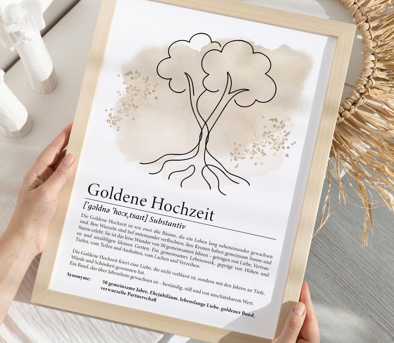 Digitales Poster zur Goldenen Hochzeit mit minimalistischer Lineart-Zeichnung zweier Bäume mit verflochtenen Wurzeln. Ergänzt durch eine gefühlvolle Definition des Begriffs. Ideal als Geschenk zum 50. Ehejubiläum. PDF-Download in A3, A4 und A5 zum Ausdrucken für Bilderrahmen oder Karten.
