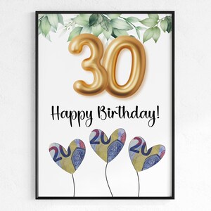 Geldgeschenk voor 30e verjaardag | Wensvervullend verjaardagscadeau | creatief cadeau-idee direct downloaden PDF | Posterronde verjaardag