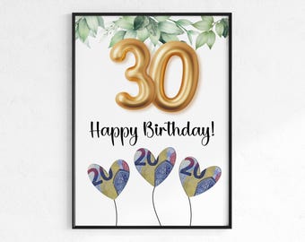 Geldgeschenk zum 30. Geburtstag | Wunscherfüller Geburtstagsgeschenk | kreative Geschenk Idee sofort Download PDF | Poster runder Geburtstag