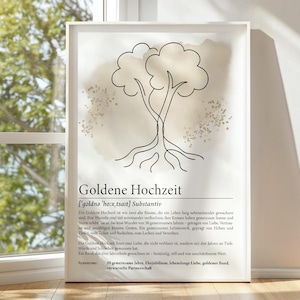 Digitales Poster zur Goldenen Hochzeit mit minimalistischer Lineart-Zeichnung zweier Bäume mit verflochtenen Wurzeln. Ergänzt durch eine gefühlvolle Definition des Begriffs. Ideal als Geschenk zum 50. Ehejubiläum. PDF-Download in A3, A4 und A5 zum Ausdrucken für Bilderrahmen oder Karten.