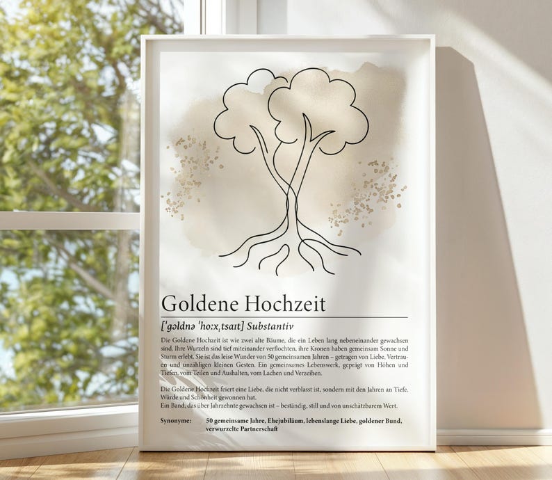 Digitales Poster zur Goldenen Hochzeit mit minimalistischer Lineart-Zeichnung zweier Bäume mit verflochtenen Wurzeln. Ergänzt durch eine gefühlvolle Definition des Begriffs. Ideal als Geschenk zum 50. Ehejubiläum. PDF-Download in A3, A4 und A5 zum Ausdrucken für Bilderrahmen oder Karten.