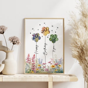 Blumiges Geldgeschenk zum Geburtstag als digitaler Sofort-Download. Drei Ballons  in Blumenform mit Euro-Scheinen hinterlegt steigen über einem bunten Wildblumenfeld in die Luft, begleitet von Pusteblumen und der Aufschrift „Happy Birthday to you“. Ein liebevolles, fröhliches Geburtstagsbild zum Ausdrucken – ideal als DIY-Geschenk in Form eines Bildes oder einer selbstgebastelten Karte für Blumenliebhaber.