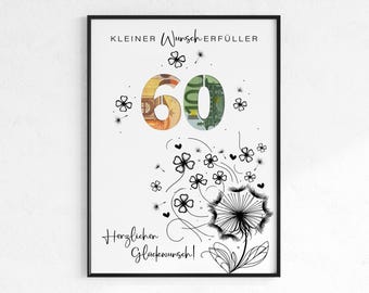 Cash gift for a 60th birthday | Wish-fulfilling birthday gift | Creative gift idea | Instant download PDF | Round birthday poster