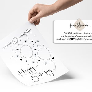 Eine Hand hält ein gedrucktes Blatt mit dem Schriftzug „kleiner Wunscherfüller“ und zwei Ballons, die mit feinen Linien verbunden sind. Die Ballons sind leer, ohne Geldscheine. Daneben eine Infobox mit dem Hinweis, dass die Geldscheine nur zur Veranschaulichung dienten und nicht in der Datei enthalten sind. Schlichtes, modernes Design auf weißem Hintergrund.
