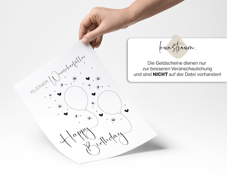 Eine Hand hält ein gedrucktes Blatt mit dem Schriftzug „kleiner Wunscherfüller“ und zwei Ballons, die mit feinen Linien verbunden sind. Die Ballons sind leer, ohne Geldscheine. Daneben eine Infobox mit dem Hinweis, dass die Geldscheine nur zur Veranschaulichung dienten und nicht in der Datei enthalten sind. Schlichtes, modernes Design auf weißem Hintergrund.