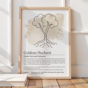Digitales Poster zur Goldenen Hochzeit mit minimalistischer Lineart-Zeichnung zweier Bäume mit verflochtenen Wurzeln. Ergänzt durch eine gefühlvolle Definition des Begriffs. Ideal als Geschenk zum 50. Ehejubiläum. PDF-Download in A3, A4 und A5 zum Ausdrucken für Bilderrahmen oder Karten.