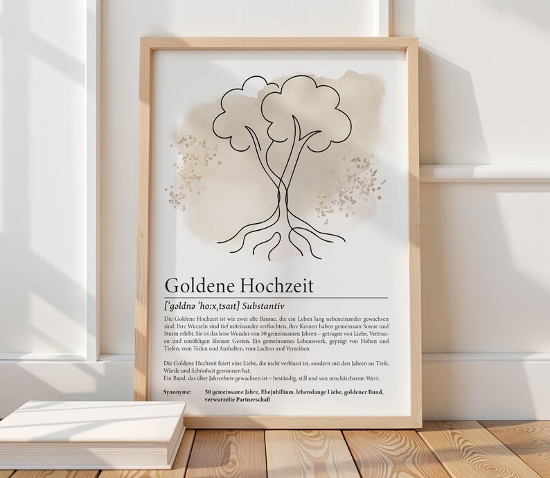 Digitales Poster zur Goldenen Hochzeit mit minimalistischer Lineart-Zeichnung zweier Bäume mit verflochtenen Wurzeln. Ergänzt durch eine gefühlvolle Definition des Begriffs. Ideal als Geschenk zum 50. Ehejubiläum. PDF-Download in A3, A4 und A5 zum Ausdrucken für Bilderrahmen oder Karten.