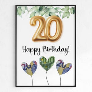Presente em dinheiro para aniversário de 20 anos | Desejo presente de aniversário cumpridor | ideia criativa para presente download instantâneo PDF | Pôster redondo de aniversário