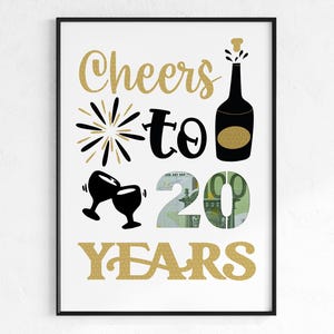 Presente em dinheiro para aniversário de 20 anos | Um brinde ao presente de aniversário de 20 anos | Idéia de presente download instantâneo PDF | Pôster redondo de aniversário