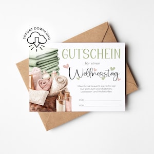 Könnte beinhalten: Ein Gutschein für einen Wellnesstag mit einer Aquarellillustration von Spa-Artikeln. Die Karte enthält einen Korb mit Handtüchern, Lotionen und Seifen. Der Text lautet "GUTSCHEIN für einen Wellnesstag". Die Karte befindet sich auf einem braunen Umschlag.