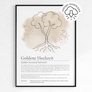 Digitales Poster zur Goldenen Hochzeit mit minimalistischer Lineart-Zeichnung zweier Bäume mit verflochtenen Wurzeln. Ergänzt durch eine gefühlvolle Definition des Begriffs. Ideal als Geschenk zum 50. Ehejubiläum. PDF-Download in A3, A4 und A5 zum Ausdrucken für Bilderrahmen oder Karten.