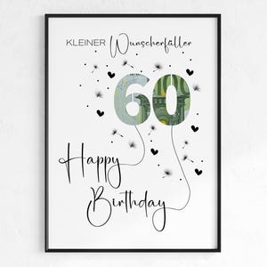 Geldcadeau voor een 60e verjaardag | Wensvervuller verjaardagscadeau | creatief cadeau-idee direct downloaden PDF | Ronde verjaardagsposter
