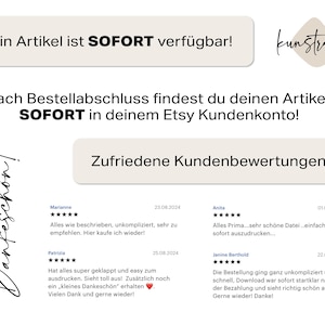 K&ouml;nnte beinhalten: Bild mit deutschem Text, darunter "Dein Artikel ist SOFORT verf&uuml;gbar!" und Kundenbewertungen. Der Text erw&auml;hnt auch "SOFORT" und "Etsy Kundenkonto". Ein Logo mit dem Wort "kunstraum" ist ebenfalls vorhanden.