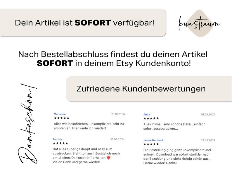 K&ouml;nnte beinhalten: Bild mit deutschem Text, darunter "Dein Artikel ist SOFORT verf&uuml;gbar!" und Kundenbewertungen. Der Text erw&auml;hnt auch "SOFORT" und "Etsy Kundenkonto". Ein Logo mit dem Wort "kunstraum" ist ebenfalls vorhanden.