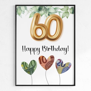 Geldgeschenk zum 60. Geburtstag | Wunscherfüller Geburtstagsgeschenk | kreative Geschenk Idee sofort Download PDF | Poster runder Geburtstag