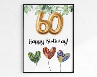 Cash gift for a 60th birthday | Wish-fulfilling birthday gift | Creative gift idea, instant download PDF | Round birthday poster