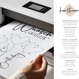 May include: A white sheet of paper with a heart-shaped balloon design and the words "Wunsch Erf&uuml;ller Birthday" is being printed from a white printer. The image also includes text in German.