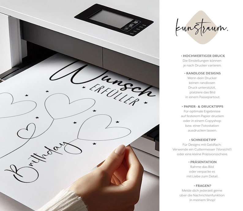 May include: A white sheet of paper with a heart-shaped balloon design and the words "Wunsch Erf&uuml;ller Birthday" is being printed from a white printer. The image also includes text in German.