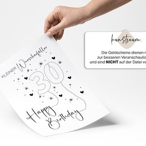 Peut inclure: Une carte d'anniversaire imprimable en noir et blanc avec le texte "KLEINER Wunscherfaller 30 Happy Birthday" et un contour noir d'un ballon num&eacute;ro 30 avec des graines de pissenlit flottant autour.