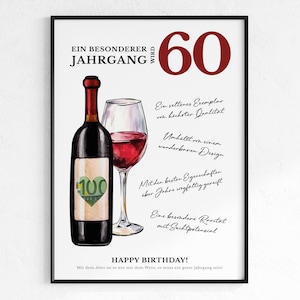 Cadeau en argent pour un 60e anniversaire | Cadeau d'anniversaire vintage | idée cadeau créative Télécharger le PDF | Affiche ronde idée anniversaire vin
