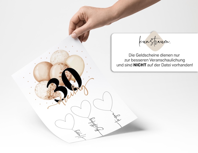May include: A white paper print with a watercolor design of balloons in shades of beige and gold, with the number "30" in black and gold script. The words "Happy Birthday" and "For You" are written in script. The text "kunstraum" is also present.