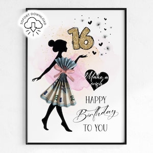 Può includere: Stampa di compleanno incorniciata con una silhouette nera di una persona con un vestito fatto di banconote piegate. Il numero "16" è in glitter dorati, con le parole "Make a wish" e "Happy Birthday to You".