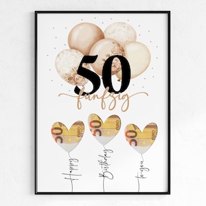 Geldgeschenk voor 50e verjaardag | Wensvervullend verjaardagscadeau | creatief cadeau-idee direct downloaden PDF | Posterronde verjaardag