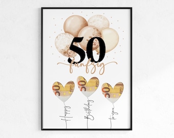 Geld cadeau voor een 50e verjaardag | Wensenvervullend verjaardagscadeau | Creatief cadeau-idee, direct te downloaden als PDF | Ronde verjaardagsposter