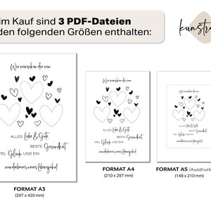 Puede incluir: Tres archivos PDF imprimibles de una tarjeta en forma de coraz&oacute;n 'Te deseamos' en tres tama&ntilde;os: A3 (297 x 420 mm), A4 (210 x 297 mm) y A5 (148 x 210 mm). La tarjeta presenta un dise&ntilde;o en blanco y negro con corazones y el texto 'Te deseamos todo el amor y la buena salud, los mejores deseos y un maravilloso nuevo a&ntilde;o'.
