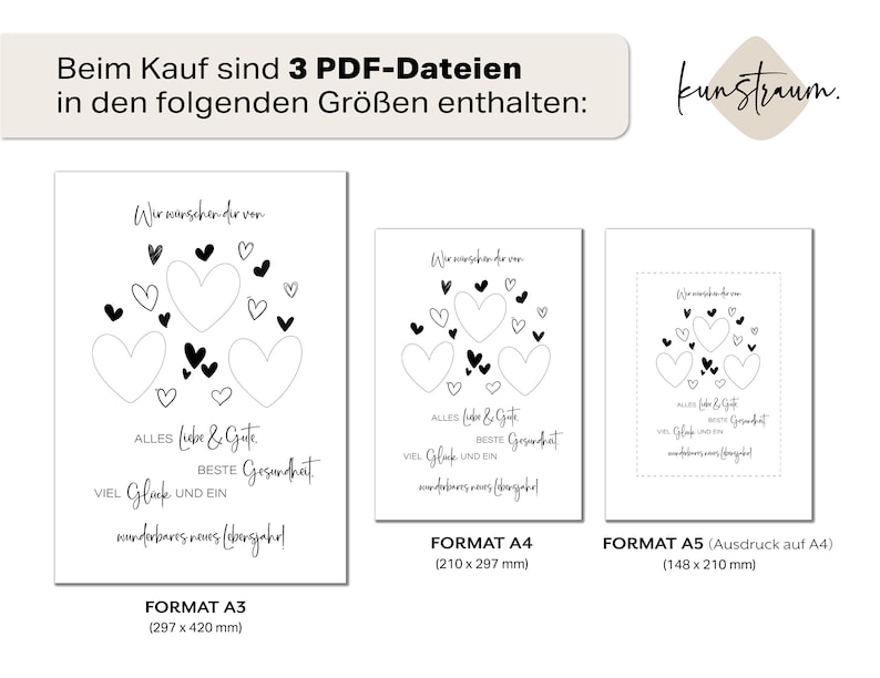 Puede incluir: Tres archivos PDF imprimibles de una tarjeta en forma de coraz&oacute;n 'Te deseamos' en tres tama&ntilde;os: A3 (297 x 420 mm), A4 (210 x 297 mm) y A5 (148 x 210 mm). La tarjeta presenta un dise&ntilde;o en blanco y negro con corazones y el texto 'Te deseamos todo el amor y la buena salud, los mejores deseos y un maravilloso nuevo a&ntilde;o'.