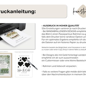 May include: A printable design guide with instructions for printing and framing artwork. The guide includes tips for using a printer, cutting, and framing. The text reads "Druckanleitung: kunstraum. AUSDRUCK IN HOHER QUALIT&Auml;T (Die Einstellungen variieren je nach Drucker). - Bei RANDABFALLENDEN DESIGNS empfehle ich dir, das Bild in einen Passepartout-Rahmen zu geben, falls dein Drucker keine randlose Option unterst&uuml;tzt. F&uuml;r ein optimales Ergebnis empfehle ich dir, die Dateien auf ein festeres Papier zu drucken. Weiterhin besteht die M&ouml;glichkeit, eine Fotostation in der Drogerie zu nutzen oder einen Copy Shop in deiner N&auml;he zu beauftragen. - Bei Designs die mit Geld hinterlegt werden empfehle ich dir zum ausschneiden ein Cuttermesser oder eine kleine Bastelschere. Rahmen und liebevoll verpacken. - Falls es weitere Fragen gibt melde dich bitte &uuml;ber den Nachrichtenbutton in meinem Shop."