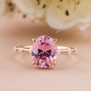 10x7 MM Pink Sapphire Oval Cut Ring, Distance Diamond Ring, 14K Rose Gold Art Deco Engagement Ring, Anniversary Gift For Women