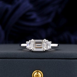 Emerald Cut Colorless Moissanite Engagement Ring, Three Stone Wedding Ring With Side Trapezoid Cut Proposal Anniversary Gift Ring, Gifts