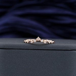 Round Cut Moissanite Wedding Band, Cluster Stacking Matching Ring, Vintage Rose gold Diamond Curved Wedding Band, Anniversary Gifts For Her