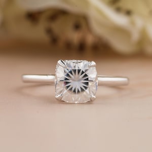 A Certified Cushion Brilliant Cut D Color VVS1 Moissanite Solitaire Engagement Ring, Cushion Cut Ring, Hidden Halo Wedding Ring
